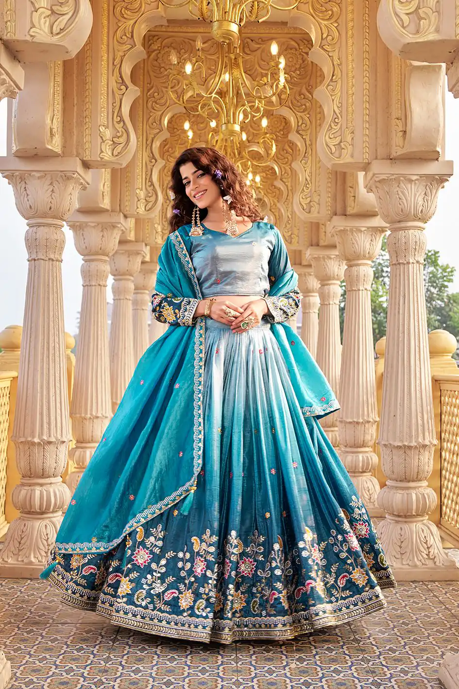 Blue Gold Crush Embroidery Work Lehenga Choli