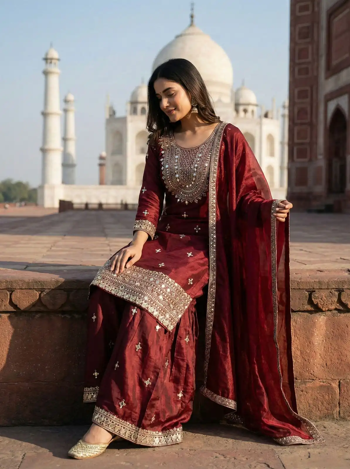Maroon Zimmy Silk Embroidery Work Work Sawar Suit - Image 3
