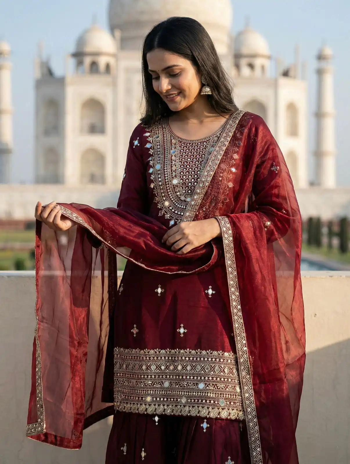 Maroon Zimmy Silk Embroidery Work Work Sawar Suit - Image 4