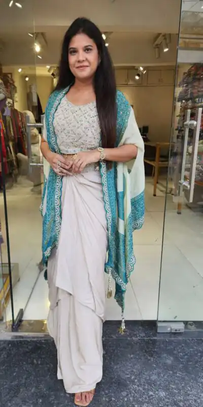 Blue Crap Silk Embroidery Mirror Work Dhoti Suit