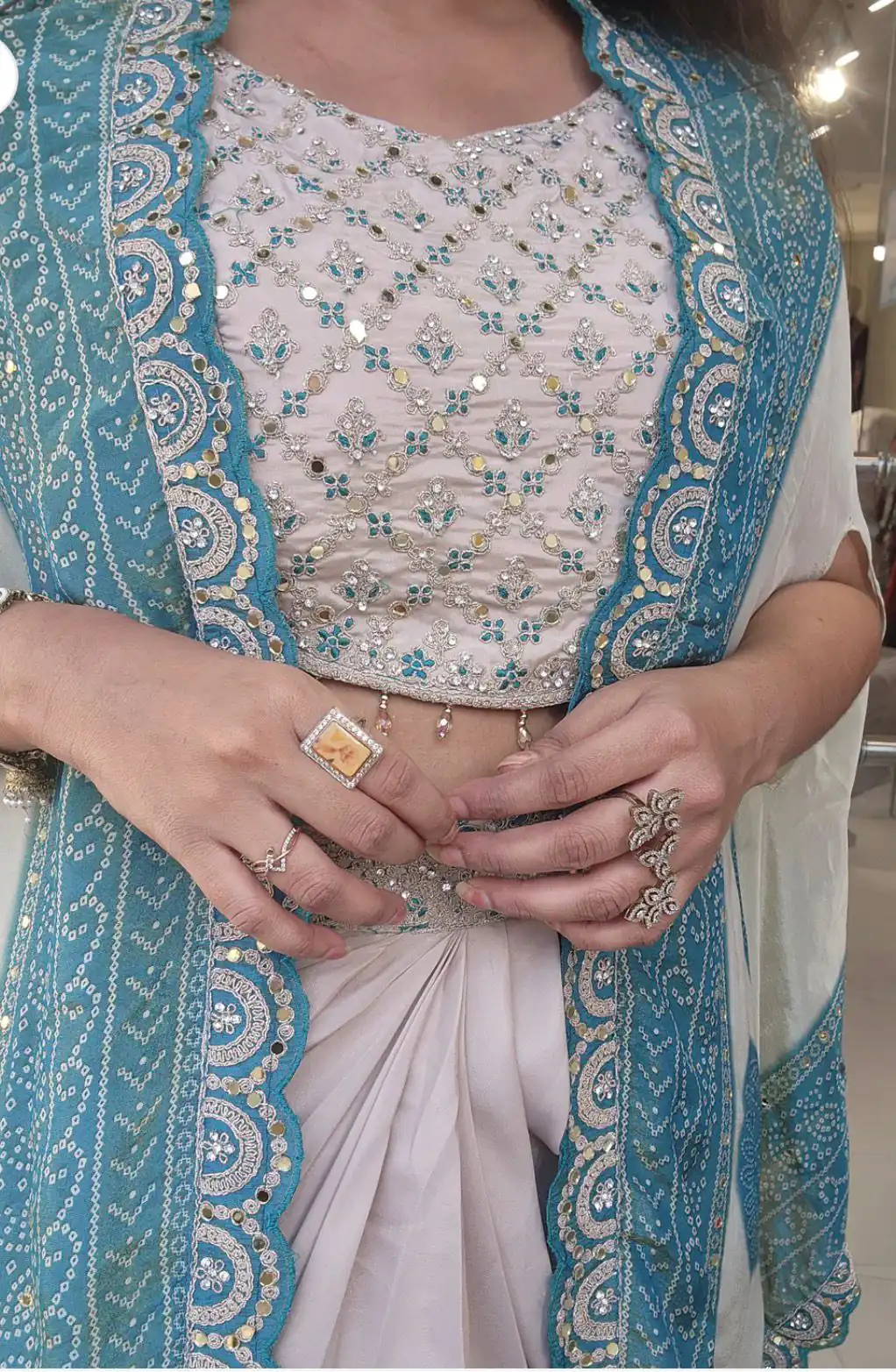 Blue Crap Silk Embroidery Mirror Work Dhoti Suit - Image 3