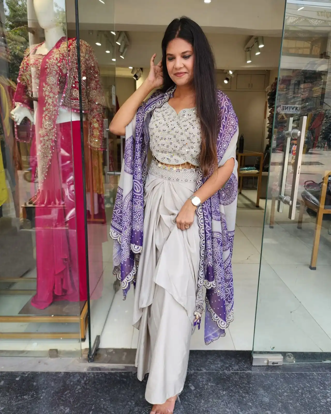 Purple Crap Silk Embroidery Mirror Work Dhoti Suit - Image 2