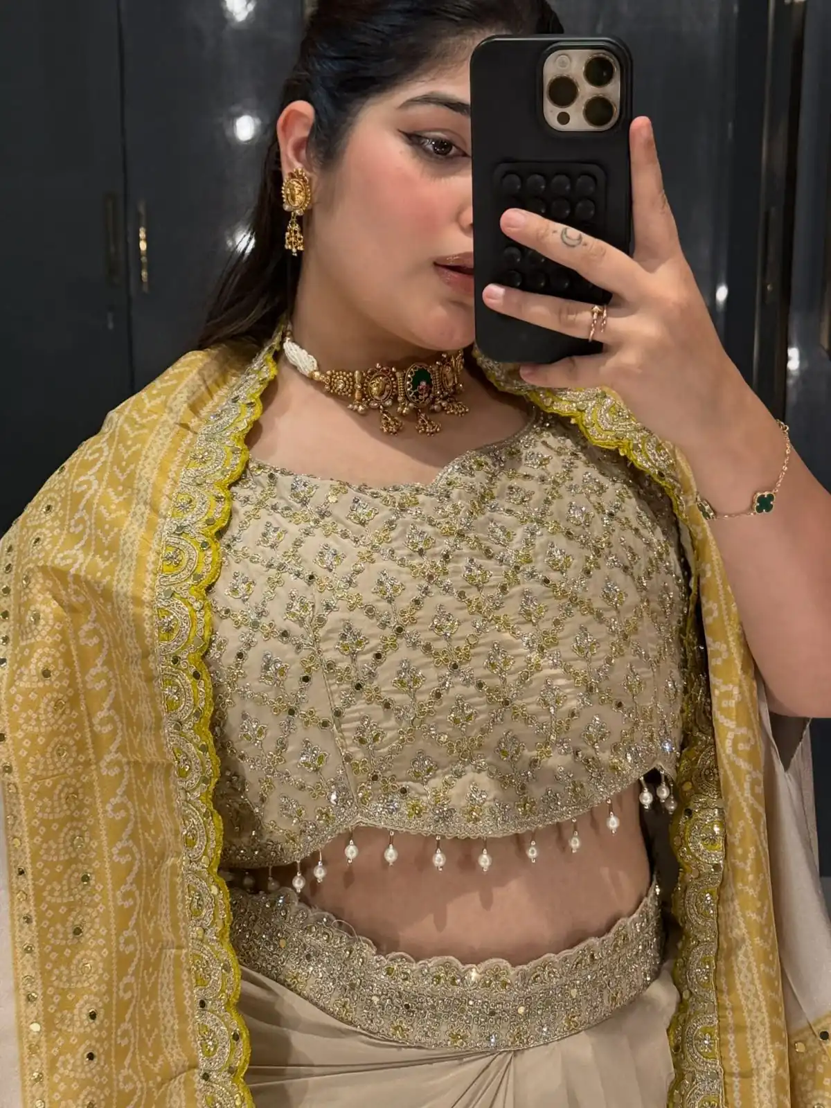 Mustered Crap Silk Embroidery Mirror Work Dhoti Suit - Image 6