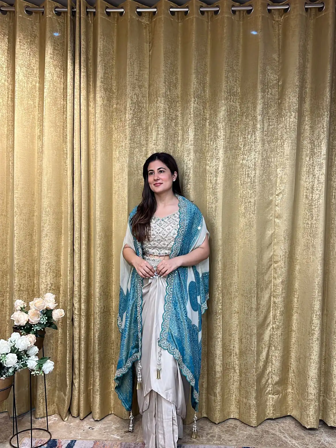 Blue Crap Silk Embroidery Mirror Work Dhoti Suit - Image 4