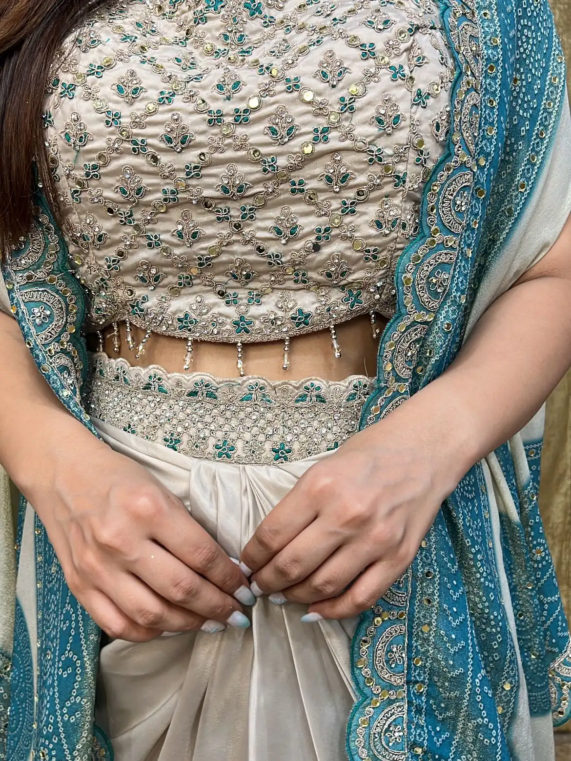 Blue Crap Silk Embroidery Mirror Work Dhoti Suit - Image 5