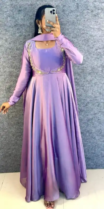 Lavender Rangoli Silk Handwork Lace Work Gown