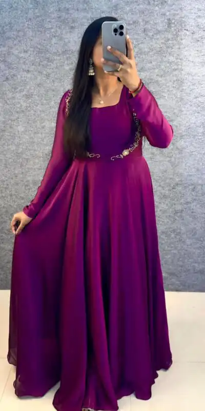 Wine Rangoli Silk Handwork Lace Work Gown