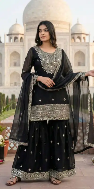 Black Zimmy Silk Embroidery Work Work Sawar Suit