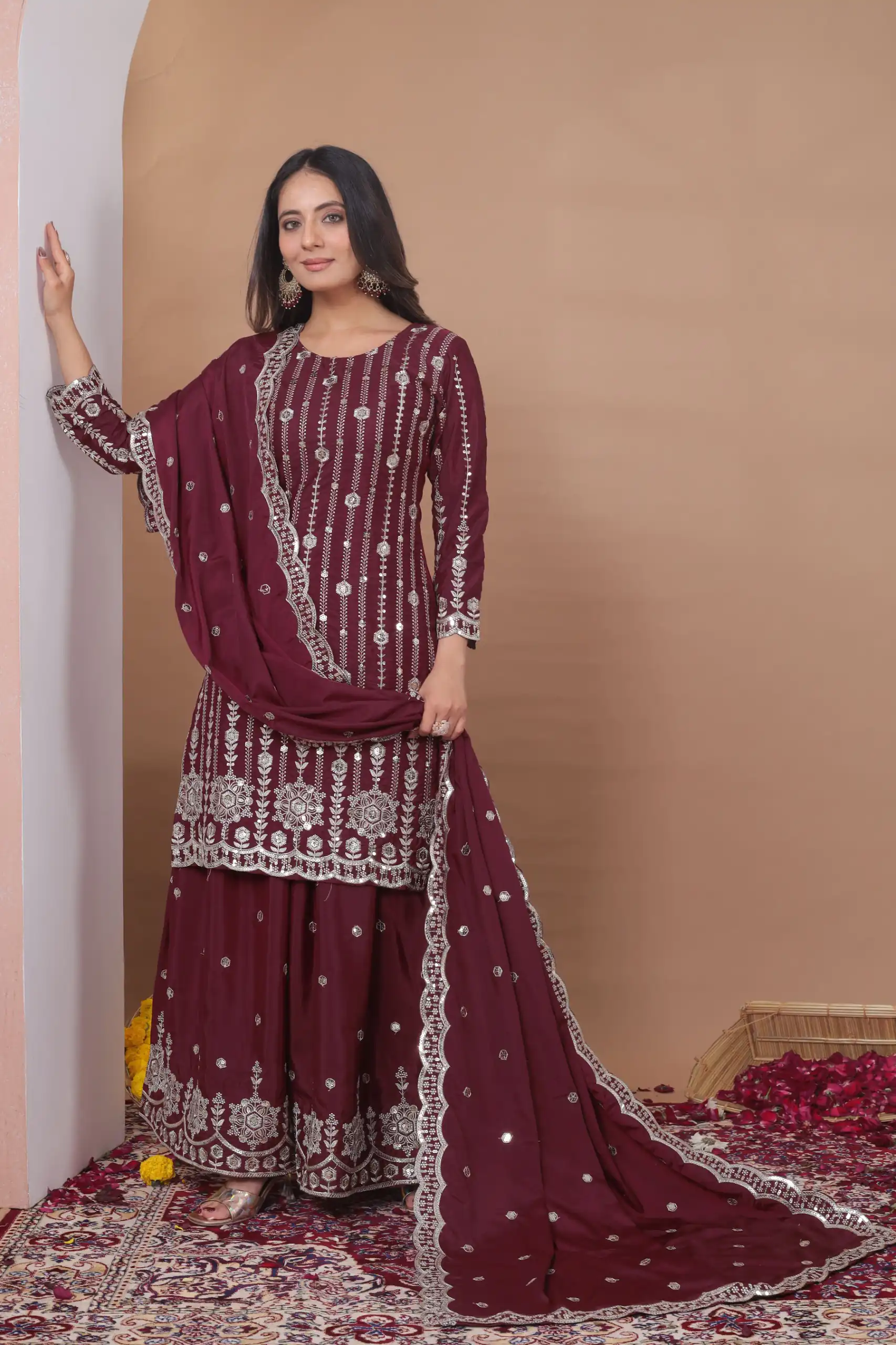 Maroon Natural Crap Embroidery Work Salwar Suit - Image 2