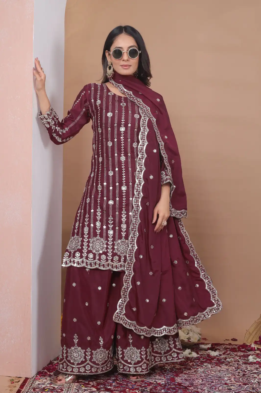 Maroon Natural Crap Embroidery Work Salwar Suit - Image 3