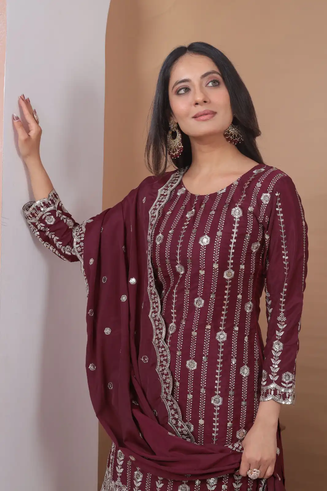 Maroon Natural Crap Embroidery Work Salwar Suit - Image 4