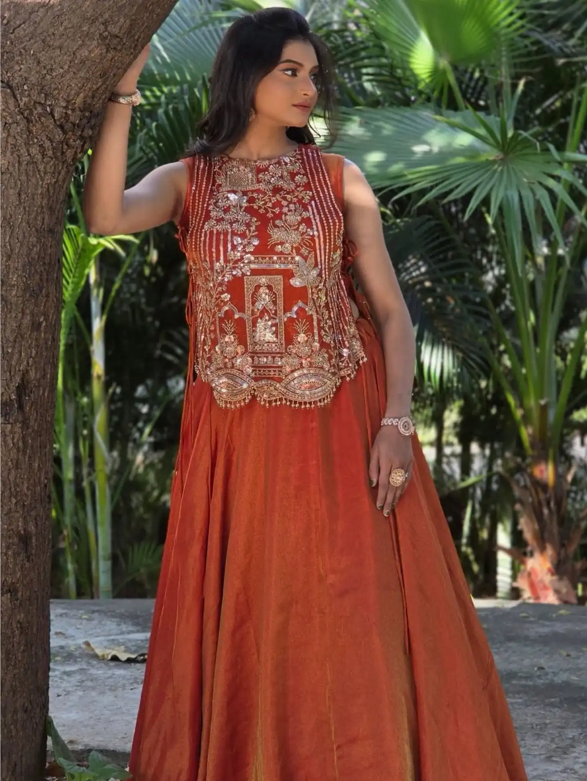 Rust Vichitra Silk Embroidery Work Lehenga Choli - Image 2