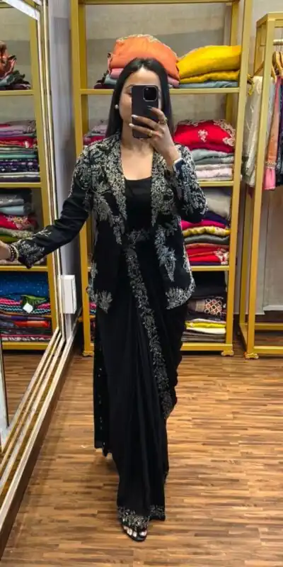 ST 1090 Black Color Chinon Saree with Embroidery Work & Lace Work. Now at just ₹2099. Delivery 4-6 Working Days. Shop now. | Bollywood Sarees, Creative Sarees, Designer Sarees, Embroidered Sarees, Ethnic Saree, Modern Digital sarees, Party Wear Sarees, Sarees