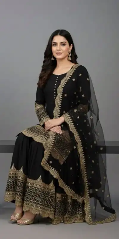 ZF 250 Black Color Faux Georgette Embroidery Sequence Work Sharara Suit Wedding, Party, Festive, Events Etc. Expected Delivery 4-6 Working Days @2099/- | Jump Suits, Straight Suits, Casual Suits, Creative suits, Designer Suits, Palazzo Suits, Party Wear Suits, Patiala Suits, Salwar suit