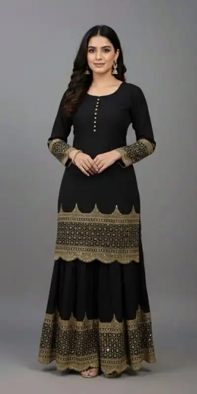 ZF 250 Black Color Faux Georgette Embroidery Sequence Work Sharara Suit Wedding, Party, Festive, Events Etc. Expected Delivery 4-6 Working Days @2099/- | Jump Suits, Straight Suits, Casual Suits, Creative suits, Designer Suits, Palazzo Suits, Party Wear Suits, Patiala Suits, Salwar suit