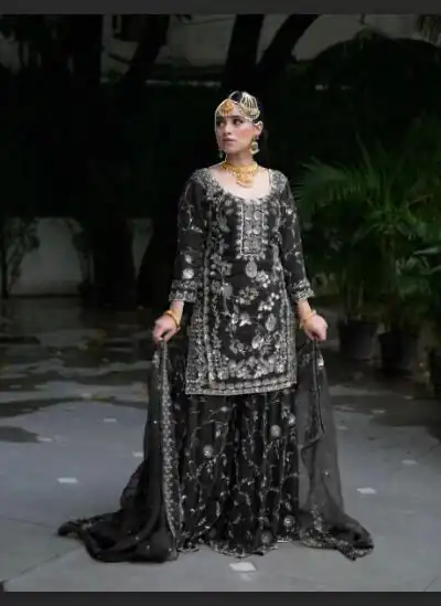 VLM 226 Black Fox Georgette with Embroidery Work & Lace Work Salwar Suit . Festive Deal ₹2499. Delivery 4-6 Working Days. Shop now. | Jump Suits, Straight Suits, Casual Suits, Creative suits, Designer Suits, Palazzo Suits, Party Wear Suits, Patiala Suits, Salwar suit