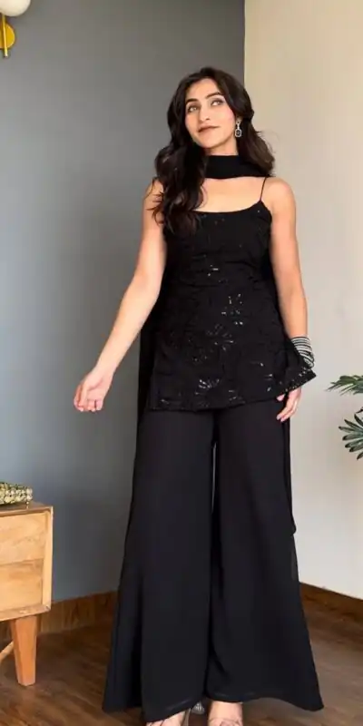 BD 1825 Black Faux Georgette Salwar Suit with Sequins Work & Embroidery Work. Affordable Price ₹1949. Delivery 4-6 Working Days. Shop now. | Jump Suits, Straight Suits, Casual Suits, Creative suits, Designer Suits, Palazzo Suits, Party Wear Suits, Patiala Suits, Salwar suit