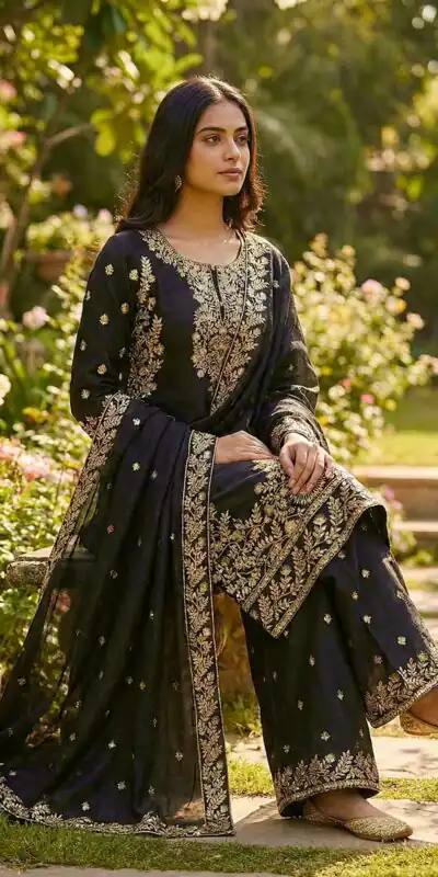 SRK 5316 Black Organza Silk Salwar Suit Perfect for Wedding, Party, Makar Sankranti, Eid, Durga Puja – . Affordable Price ₹2149. Delivery 4-6 Workin | Jump Suits, Straight Suits, Casual Suits, Creative suits, Designer Suits, Palazzo Suits, Party Wear Suits, Patiala Suits, Salwar suit