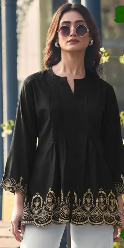 INLI Adaa 7.0 Black in Rayon Cut Work & Embroidery Work Kurti . Introductory Price ₹1349. Delivery 4-6 Working Days. Shop now. | Bollywood Kurti, Creative Kurtis, Designer Kurti, Kurti, Party Wear Kurti, Selfie Kurti