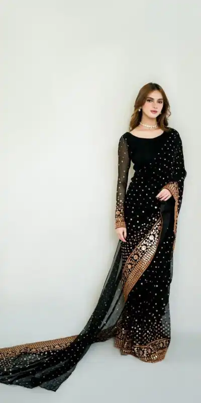 NC 5545 Black in Color Georgette. Embroidery Work & Sequins Work Saree Best Price ₹2149. Delivery 4-6 Working Days. Shop now. | Bollywood Sarees, Creative Sarees, Designer Sarees, Embroidered Sarees, Ethnic Saree, Modern Digital sarees, Party Wear Sarees, Sarees