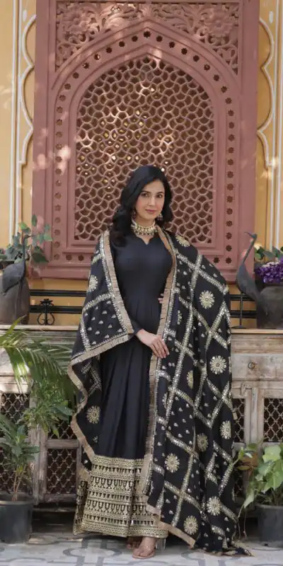 KA 1139 Black Star Georgette Gown Perfect for Wedding, Party, Onam, Mehendi, Traditional Day – . Affordable Price ₹3149. Delivery 4-6 Working Days. | Bollywood Gowns, Creative Gowns, Designer Gowns, Embroidered Gowns, Gowns, Party Wear Gowns