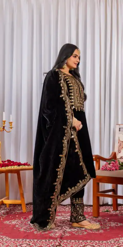 AD 089 Black Viscose Velvet Salwar Suit with Embroidery Work. Affordable Price ₹1999. Delivery 4-6 Working Days. Shop now. | Jump Suits, Straight Suits, Casual Suits, Creative suits, Designer Suits, Palazzo Suits, Party Wear Suits, Patiala Suits, Salwar suit