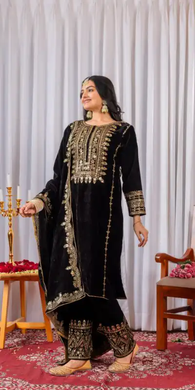 AD 089 Black Viscose Velvet Salwar Suit with Embroidery Work. Affordable Price ₹1999. Delivery 4-6 Working Days. Shop now. | Jump Suits, Straight Suits, Casual Suits, Creative suits, Designer Suits, Palazzo Suits, Party Wear Suits, Patiala Suits, Salwar suit