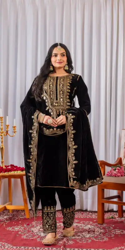 AD 089 Black Viscose Velvet Salwar Suit with Embroidery Work. Affordable Price ₹1999. Delivery 4-6 Working Days. Shop now. | Jump Suits, Straight Suits, Casual Suits, Creative suits, Designer Suits, Palazzo Suits, Party Wear Suits, Patiala Suits, Salwar suit