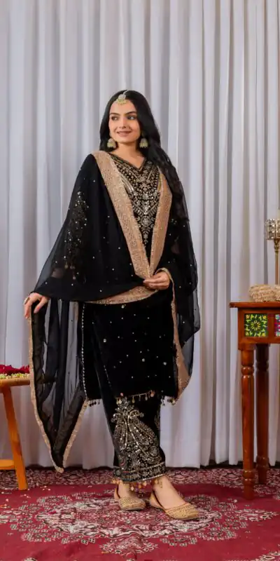 AD 134 Black Color Heavy Pure Viscose Velvet Embroidery Sharara Suit Wedding, Party, Festive, Events Etc. Expected Delivery  4-6 Working Days @2099/- | Jump Suits, Straight Suits, Casual Suits, Creative suits, Designer Suits, Palazzo Suits, Party Wear Suits, Patiala Suits, Salwar suit