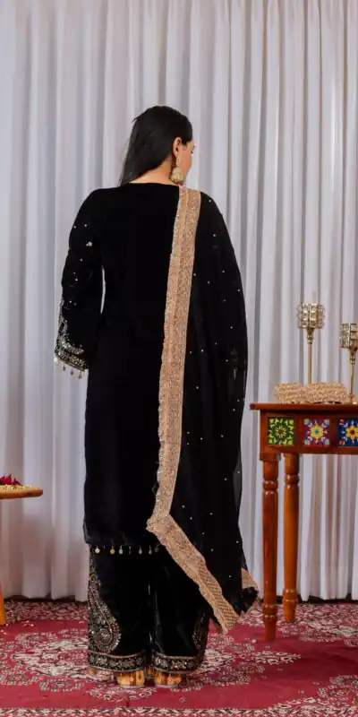 AD 134 Black Color Heavy Pure Viscose Velvet Embroidery Sharara Suit Wedding, Party, Festive, Events Etc. Expected Delivery  4-6 Working Days @2099/- | Jump Suits, Straight Suits, Casual Suits, Creative suits, Designer Suits, Palazzo Suits, Party Wear Suits, Patiala Suits, Salwar suit