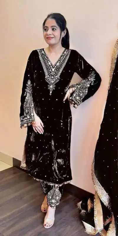 AD 134 Black Color Heavy Pure Viscose Velvet Embroidery Sharara Suit Wedding, Party, Festive, Events Etc. Expected Delivery  4-6 Working Days @2099/- | Jump Suits, Straight Suits, Casual Suits, Creative suits, Designer Suits, Palazzo Suits, Party Wear Suits, Patiala Suits, Salwar suit