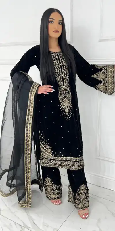 AD 222 Black Viscose Velvet Salwar Suit with Embroidery Work & Lace Work. Best Price ₹2099. Delivery 4-6 Working Days. Shop now. | Jump Suits, Straight Suits, Casual Suits, Creative suits, Designer Suits, Palazzo Suits, Party Wear Suits, Patiala Suits, Salwar suit