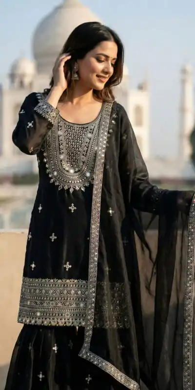 ZSR 3160 Black Zimmy Silk Salwar Suit with Embroidery Work & Mirror Work. Grab it for ₹2399. Delivery 4-6 Working Days. Shop now. | Jump Suits, Straight Suits, Casual Suits, Creative suits, Designer Suits, Palazzo Suits, Party Wear Suits, Patiala Suits, Salwar suit