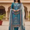 Blue Chinon Printed With Miror Work Salwar Suit