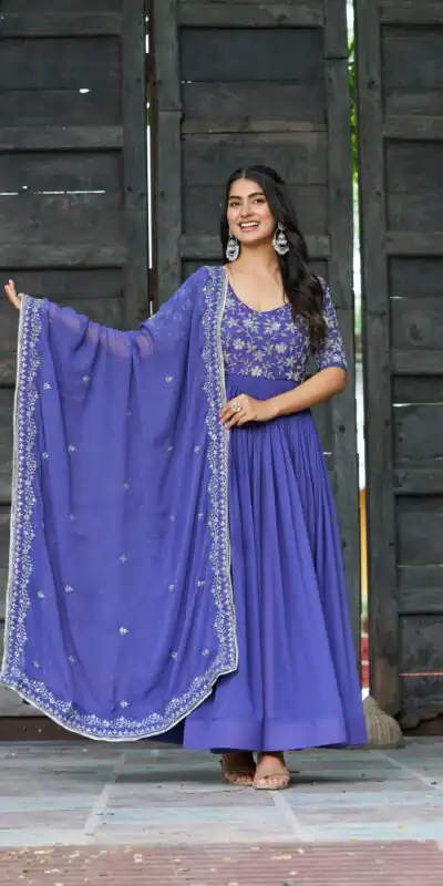 KA 1204 Blue Faux Blooming Gown with Sequins Work & Embroidery Work. Festive Deal ₹2449. Delivery 4-6 Working Days. Shop now. | Bollywood Gowns, Creative Gowns, Designer Gowns, Embroidered Gowns, Gowns, Party Wear Gowns