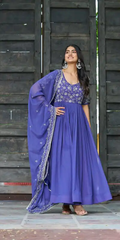KA 1204 Blue Faux Blooming Gown with Sequins Work & Embroidery Work. Festive Deal ₹2449. Delivery 4-6 Working Days. Shop now. | Bollywood Gowns, Creative Gowns, Designer Gowns, Embroidered Gowns, Gowns, Party Wear Gowns