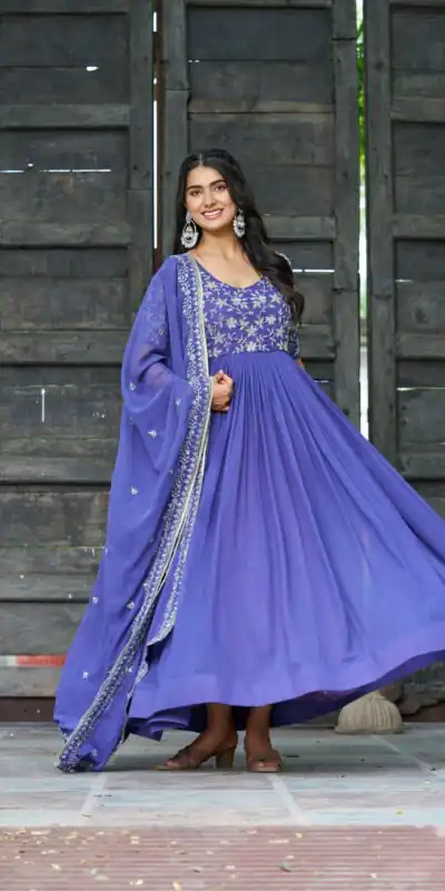 KA 1204 Blue Faux Blooming Gown with Sequins Work & Embroidery Work. Festive Deal ₹2449. Delivery 4-6 Working Days. Shop now. | Bollywood Gowns, Creative Gowns, Designer Gowns, Embroidered Gowns, Gowns, Party Wear Gowns