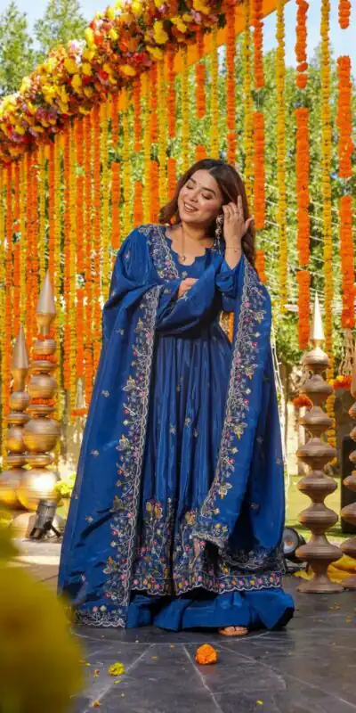 NF 1264 Blue Natural Crap Silk Anarkali Suit with Embroidery Work. Available at ₹3049 only. Delivery 4-6 Working Days. Shop now. | Anarkali Suits, Bollywood Anarkali, Creative-Anarkali, Designer Anarkali, Embroidered Anarkali, Party Wear Anarkali