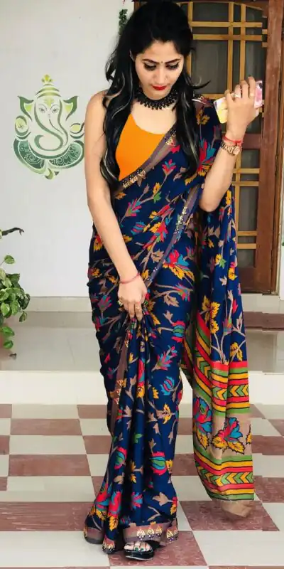 KT 131 Blue Digital Print & Lace Work Saree in Blue Softy Silk. Introductory Price ₹1499. Delivery 4-6 Working Days. Shop now. | Bollywood Sarees, Creative Sarees, Designer Sarees, Embroidered Sarees, Ethnic Saree, Modern Digital sarees, Party Wear Sarees, Sarees