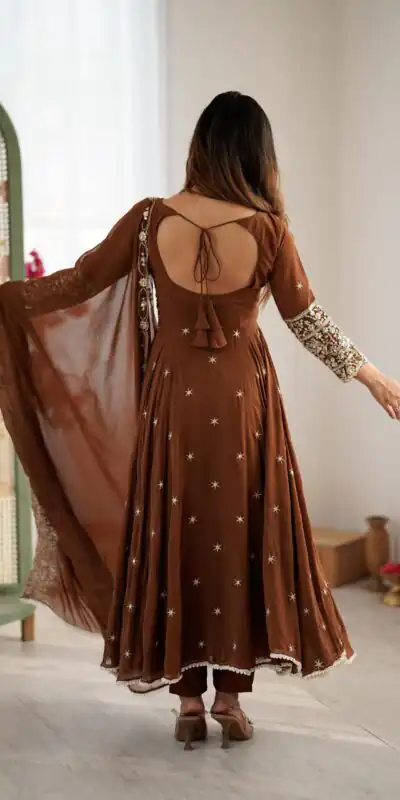 ZF 5012 Brown Blooming Faux Gown with Embroidery Work. Wedding, Party, Festive, Events Grab it for ₹2149. Delivery 4-6 Working Days. Shop now. | Bollywood Lehenga, Creative Lehenga, Designer Lehenga, Embroidered Lehenga, Lehenga, Party Wear Lehenga
