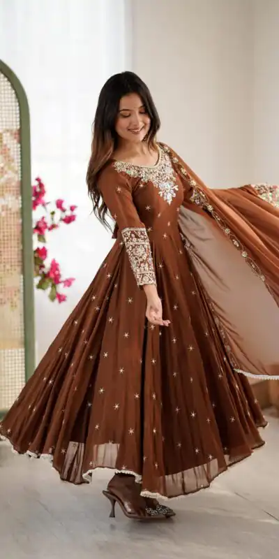 ZF 5012 Brown Blooming Faux Gown with Embroidery Work. Wedding, Party, Festive, Events Grab it for ₹2149. Delivery 4-6 Working Days. Shop now. | Bollywood Lehenga, Creative Lehenga, Designer Lehenga, Embroidered Lehenga, Lehenga, Party Wear Lehenga