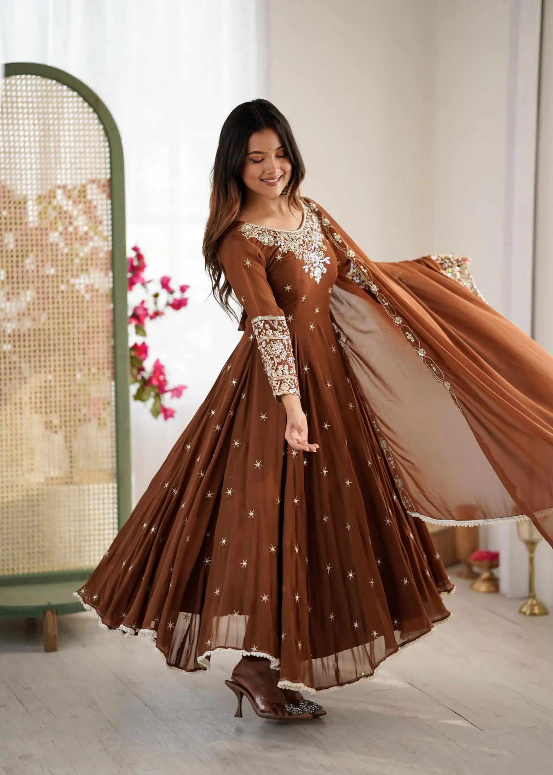 ZF 5012 Brown Blooming Faux Gown with Embroidery Work. Wedding, Party, Festive, Events Grab it for ₹2149. Delivery 4-6 Working Days. Shop now. | Bollywood Lehenga, Creative Lehenga, Designer Lehenga, Embroidered Lehenga, Lehenga, Party Wear Lehenga