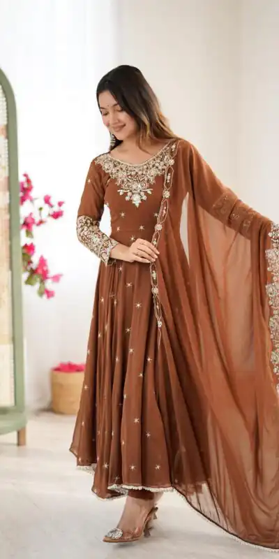 ZF 5012 Brown Blooming Faux Gown with Embroidery Work. Wedding, Party, Festive, Events Grab it for ₹2149. Delivery 4-6 Working Days. Shop now. | Bollywood Lehenga, Creative Lehenga, Designer Lehenga, Embroidered Lehenga, Lehenga, Party Wear Lehenga