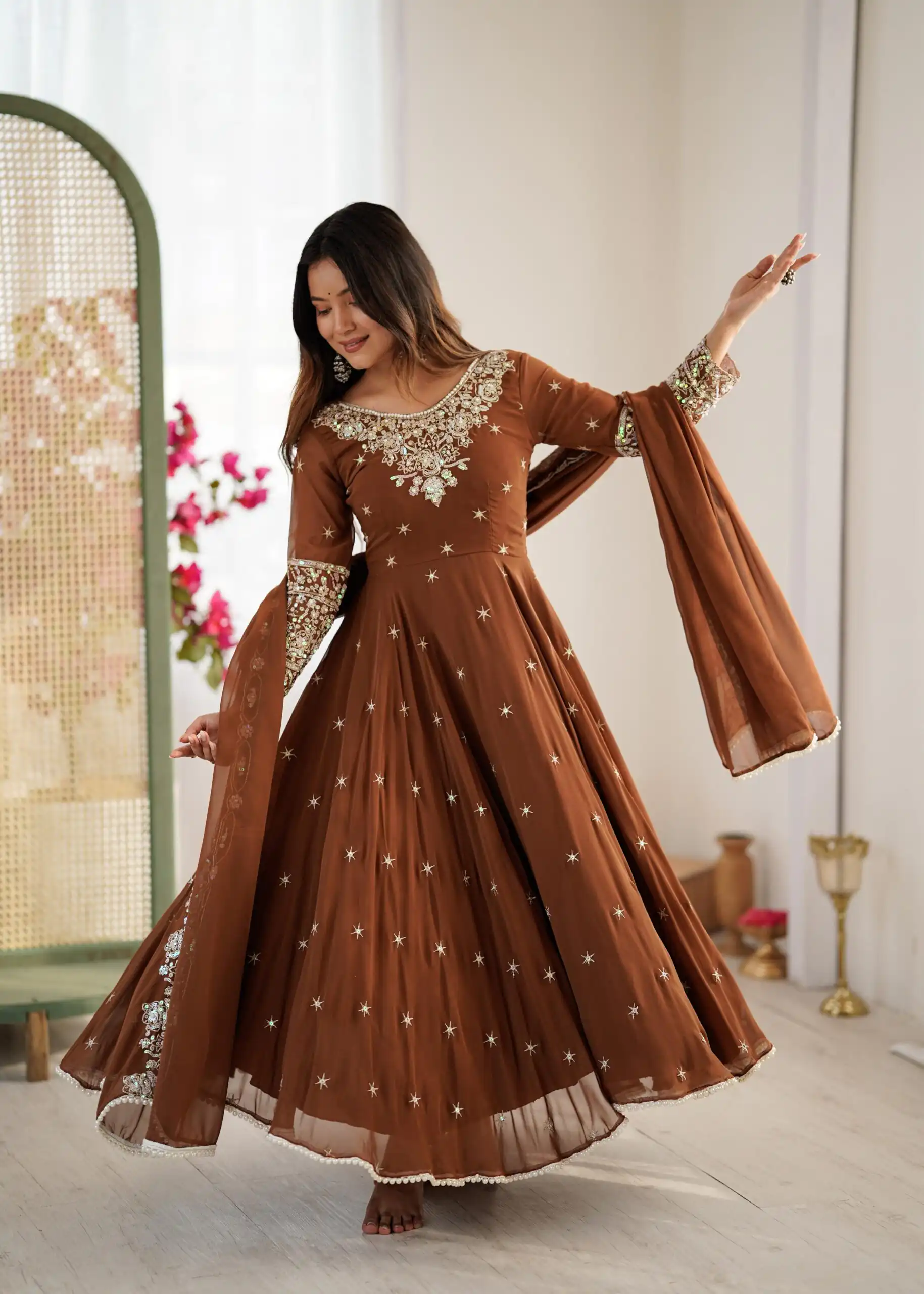 ZF 5012 Brown Blooming Faux Gown with Embroidery Work. Wedding, Party, Festive, Events Grab it for ₹2149. Delivery 4-6 Working Days. Shop now. | Bollywood Lehenga, Creative Lehenga, Designer Lehenga, Embroidered Lehenga, Lehenga, Party Wear Lehenga