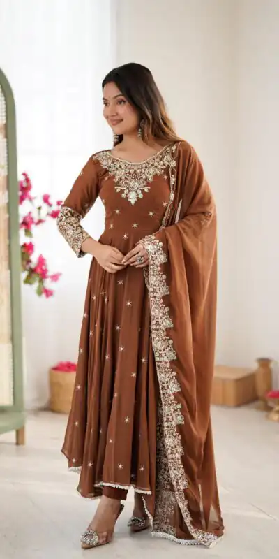 ZF 5012 Brown Blooming Faux Gown with Embroidery Work. Wedding, Party, Festive, Events Grab it for ₹2149. Delivery 4-6 Working Days. Shop now. | Bollywood Lehenga, Creative Lehenga, Designer Lehenga, Embroidered Lehenga, Lehenga, Party Wear Lehenga