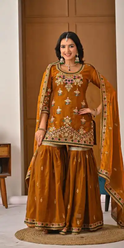ND 5056 Brown Fandy Silk Salwar Suit with Embroidery Work. Wedding, Party, Festive, Events Now at just ₹2649. Delivery 4-6 Working Days. Shop now. | Jump Suits, Straight Suits, Casual Suits, Creative suits, Designer Suits, Palazzo Suits, Party Wear Suits, Patiala Suits, Salwar suit