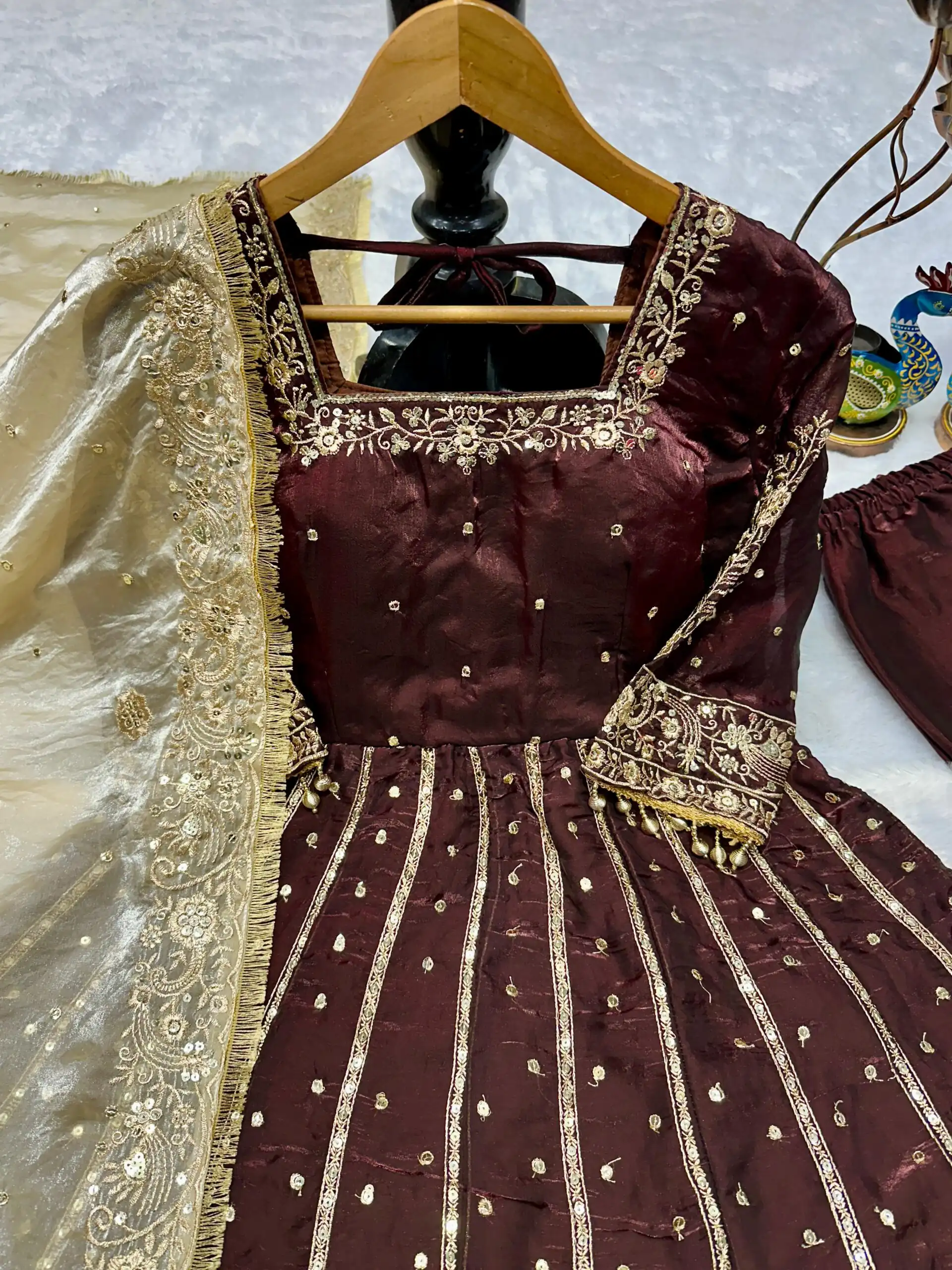 VLM 313 Brown JC Silk Gown. Perfect for Wedding, Party, Sangeet, Baisakhi, Diwali – Introductory Price ₹2599. Delivery 4-6 Working Days. Shop now. | Bollywood Gowns, Creative Gowns, Designer Gowns, Embroidered Gowns, Gowns, Party Wear Gowns