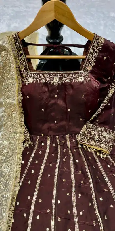 VLM 313 Brown JC Silk Gown. Perfect for Wedding, Party, Sangeet, Baisakhi, Diwali – Introductory Price ₹2599. Delivery 4-6 Working Days. Shop now. | Bollywood Gowns, Creative Gowns, Designer Gowns, Embroidered Gowns, Gowns, Party Wear Gowns