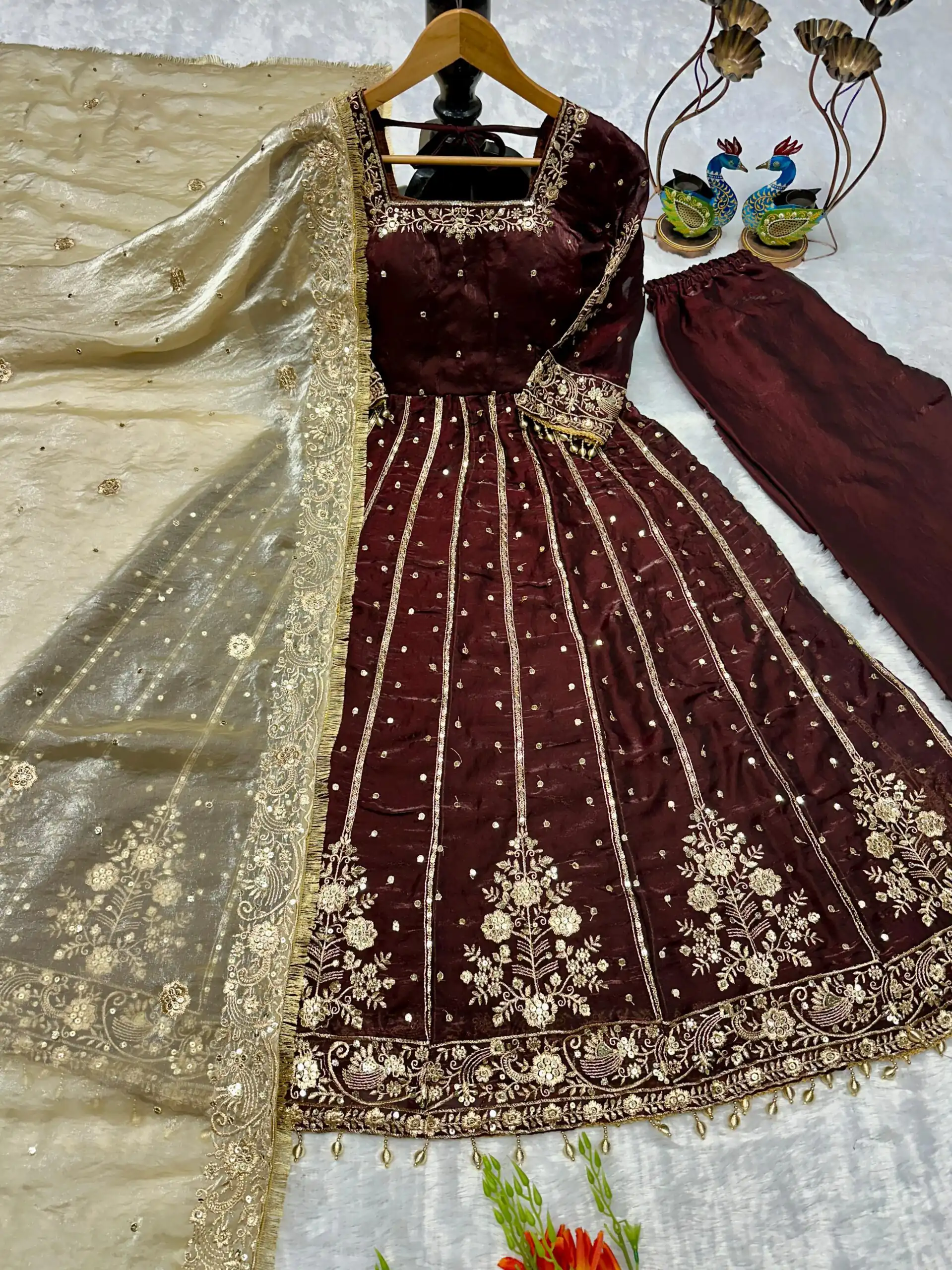 VLM 313 Brown JC Silk Gown. Perfect for Wedding, Party, Sangeet, Baisakhi, Diwali – Introductory Price ₹2599. Delivery 4-6 Working Days. Shop now. | Bollywood Gowns, Creative Gowns, Designer Gowns, Embroidered Gowns, Gowns, Party Wear Gowns