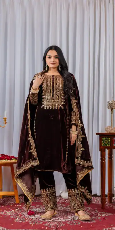 AD 089 Brown Viscose Velvet Salwar Suit with Embroidery Work. Affordable Price ₹1999. Delivery 4-6 Working Days. Shop now. | Jump Suits, Straight Suits, Casual Suits, Creative suits, Designer Suits, Palazzo Suits, Party Wear Suits, Patiala Suits, Salwar suit